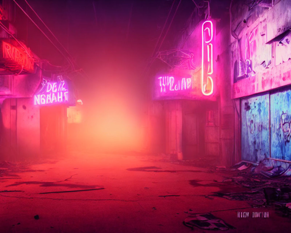 Colorful urban alleyway at night with neon signs, bright light, and graffiti walls