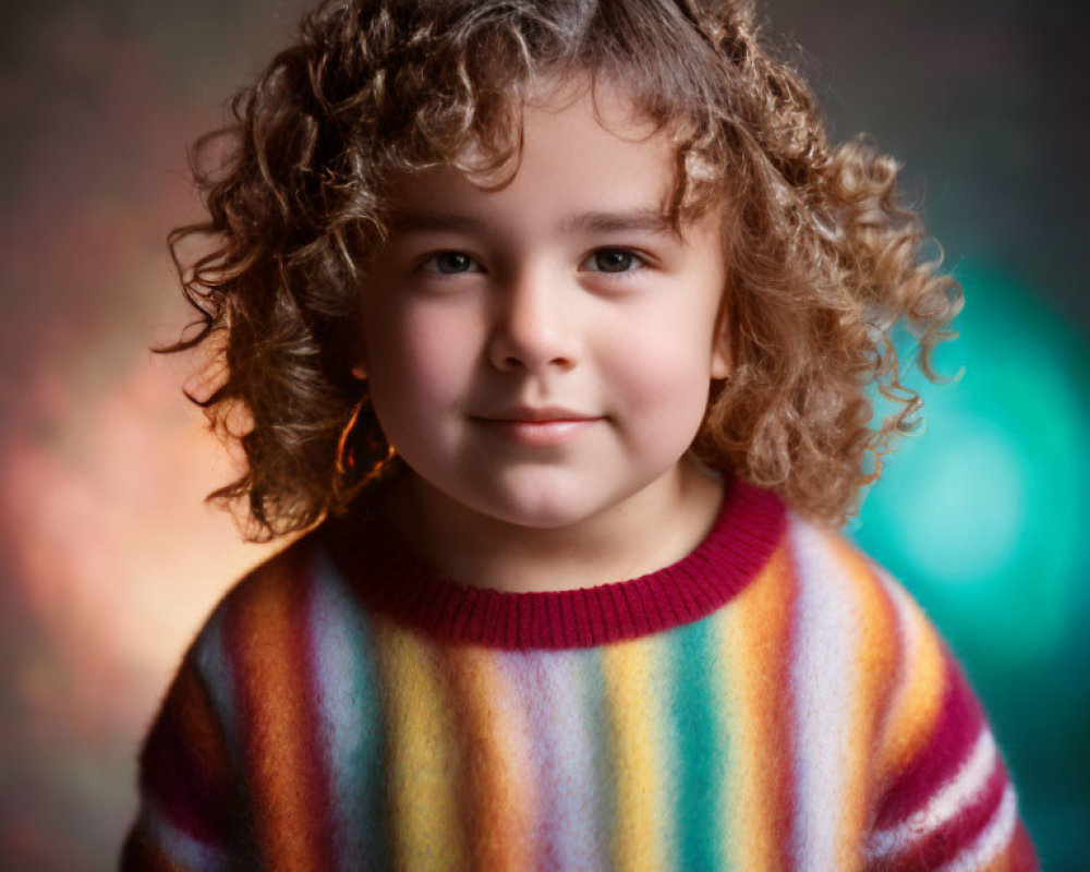 Curly-haired child in colorful sweater smiling against blurred background