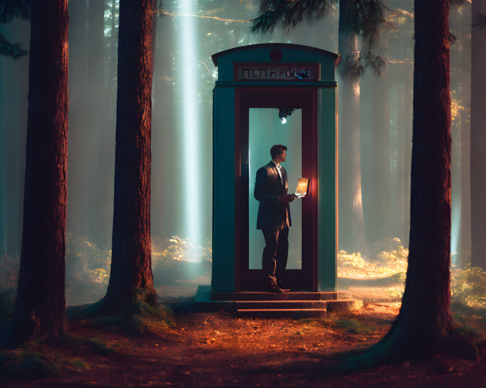 Man in Suit Holding Glowing Book in Forest Telephone Booth