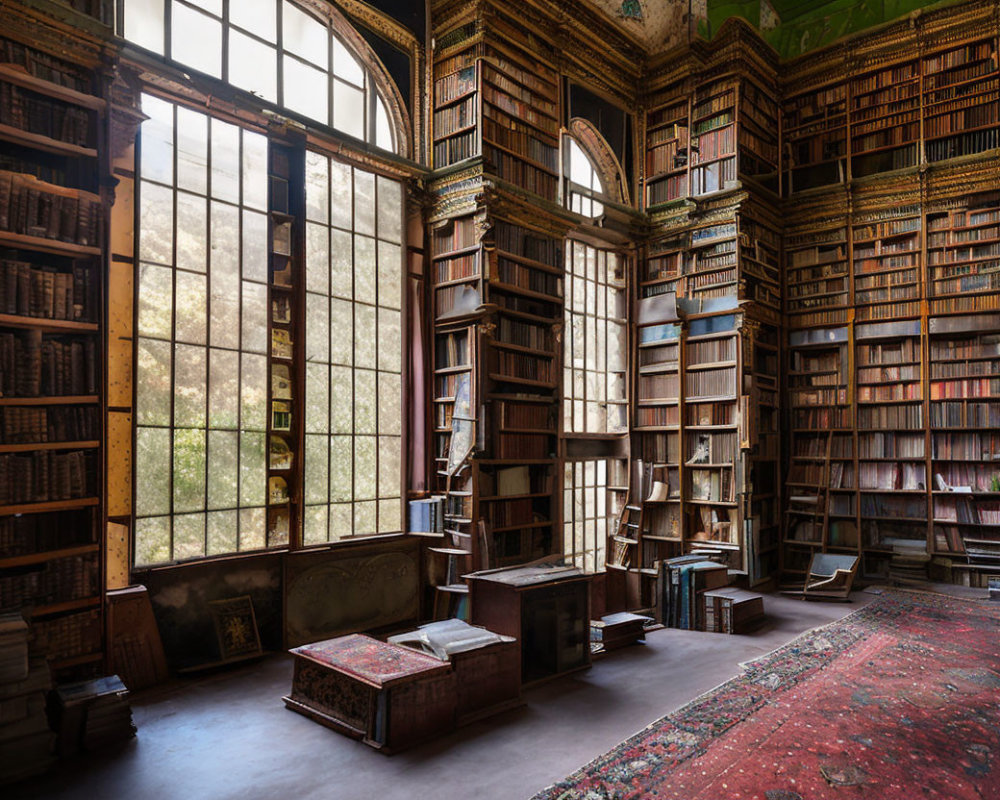 Grand Old Library with Towering Bookshelves