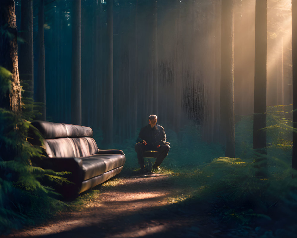 Man sitting on sofa in sunlit forest surrounded by tall trees