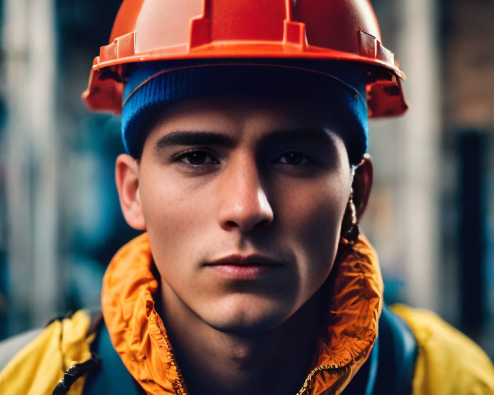 Young worker in red hard hat and blue beanie against urban backdrop