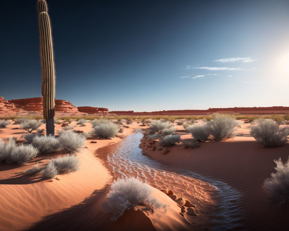 Desert landscape with lone cactus and sand dunes