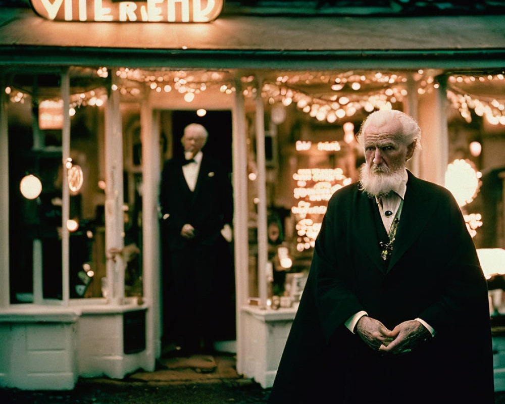 White-bearded elderly man in black coat outside shop with warm lights, another man in background