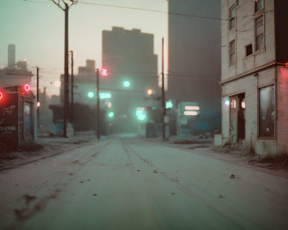 Urban street dusk scene with traffic lights, old buildings, and faded sign in soft glow.