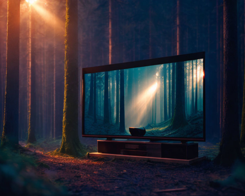 Television in forest showing sunbeams through trees