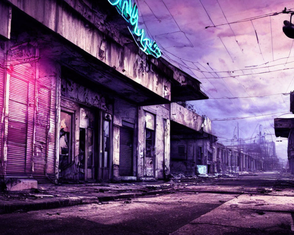 Desolate urban street at dusk with dilapidated buildings and neon sign