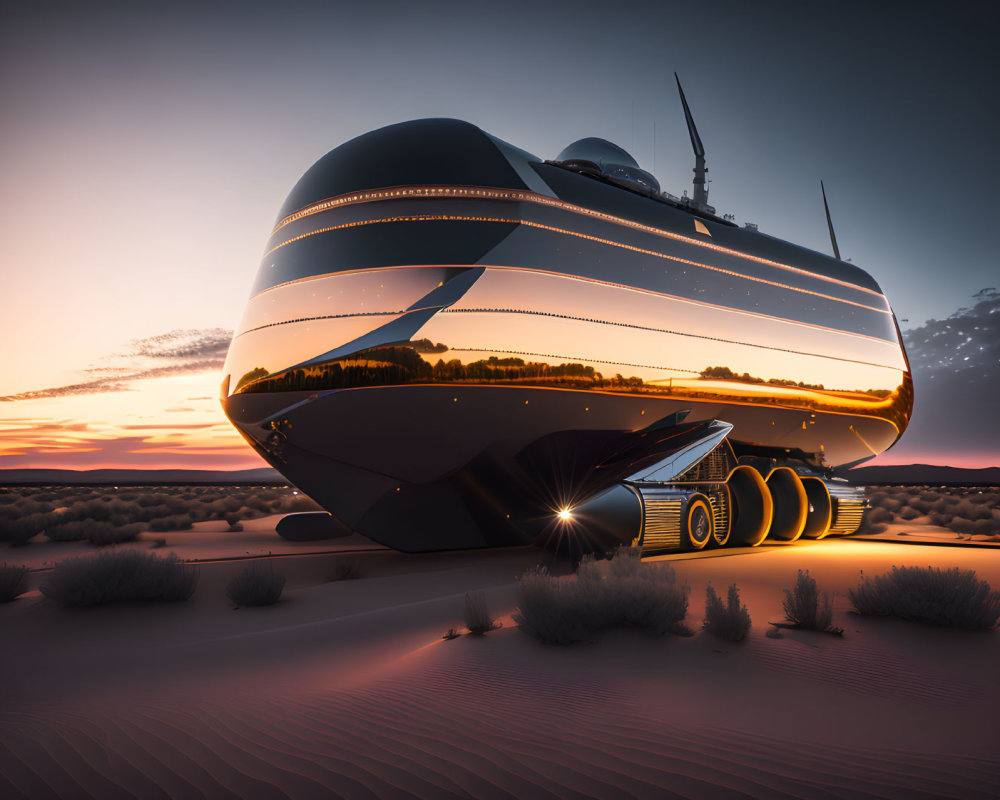 Futuristic yacht-like vehicle in desert sunset with sleek design.