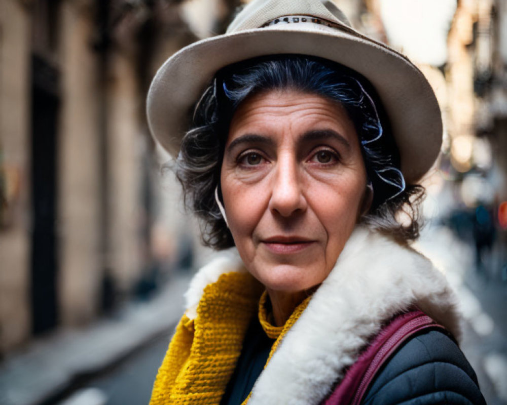 Blue-haired mature woman in yellow scarf and black jacket on city street.