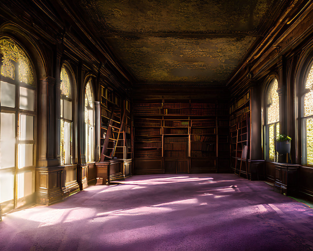 Sunlit Room with Tall Windows, Woodwork, Gold Ceiling, Empty Bookshelf