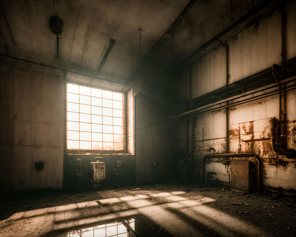 Abandoned room with grid window, rusted door, and debris