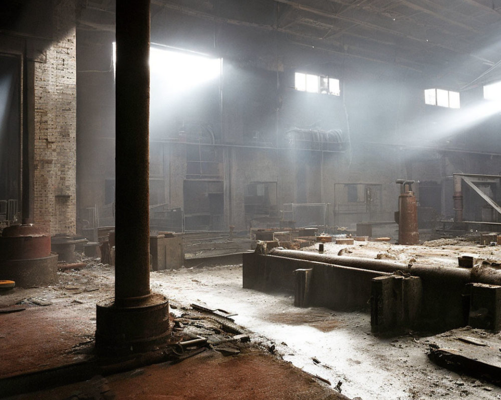 Abandoned industrial building with sunlight filtering through windows