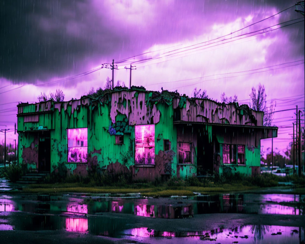 Abandoned building with pink windows under purple sky and rain