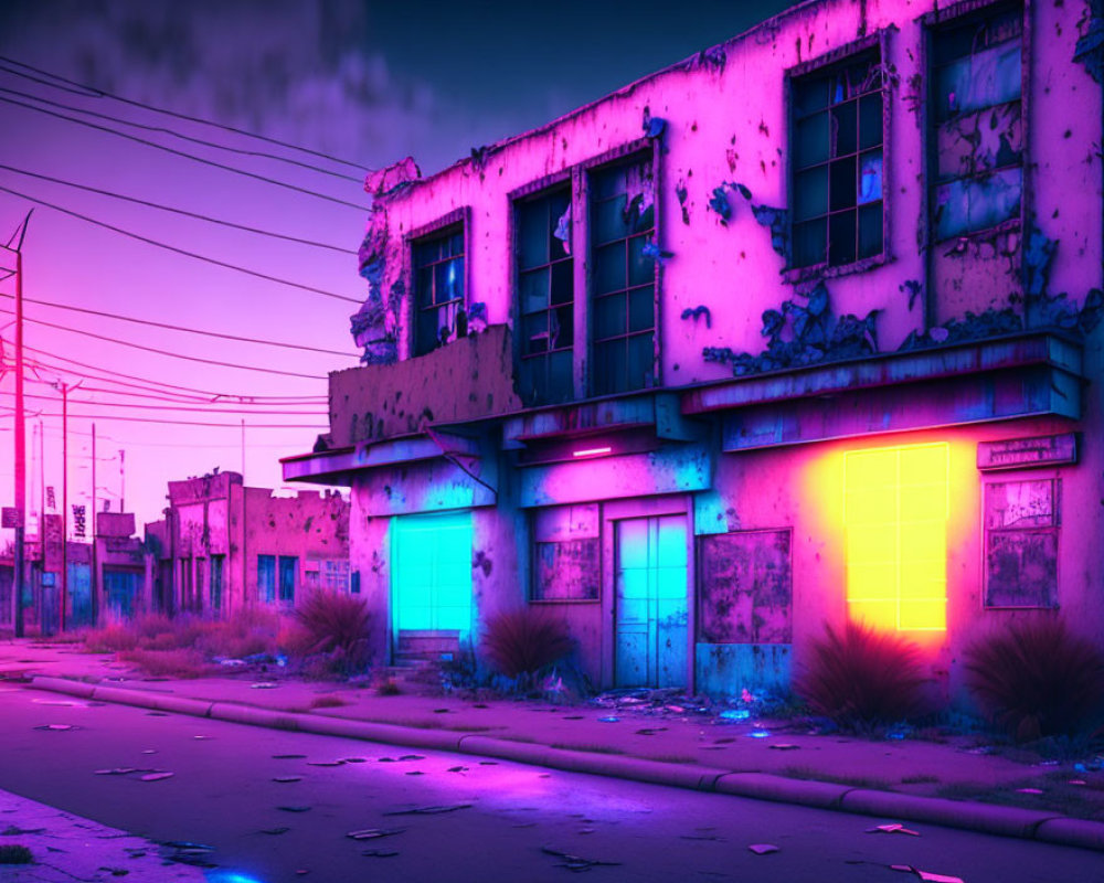 Abandoned Building with Neon-Lit Windows and Surreal Twilight Sky