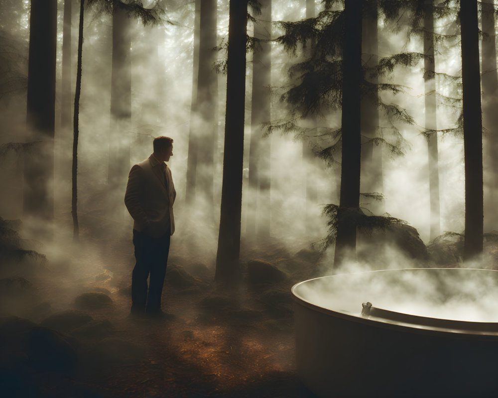 Man in Suit Beside Steaming Bathtub in Misty Forest