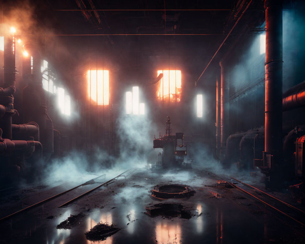 Abandoned factory with pipes, vents, and light beams