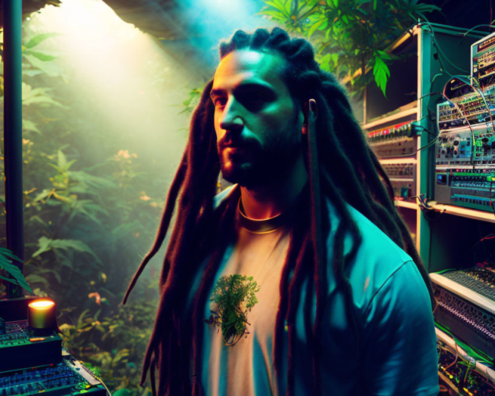 Dreadlocked person in front of electronic music setup with colorful lighting