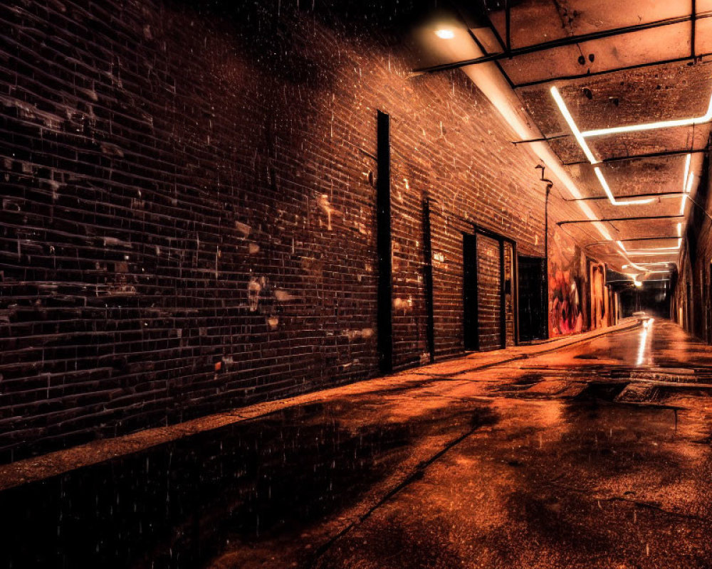 Dark Alleyway Night Scene with Orange and Yellow Lights