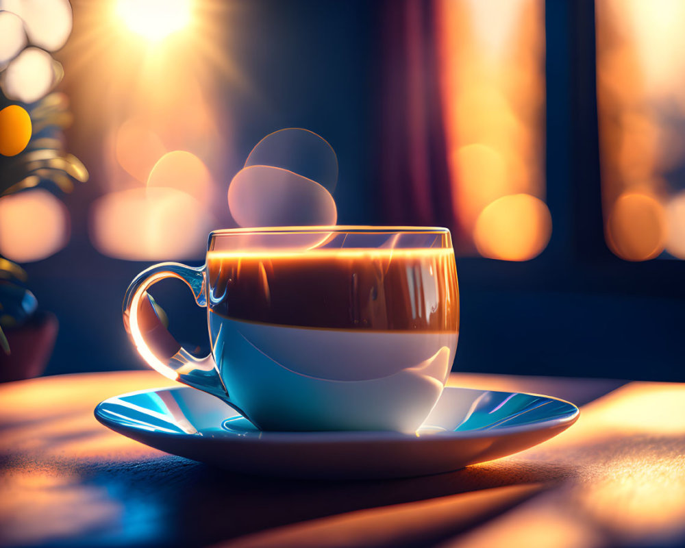 Steaming Cup of Coffee with Sunrise Background