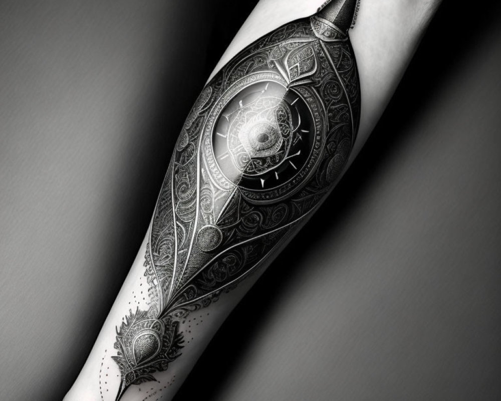 Detailed black and white mechanical-themed forearm tattoo with gears and patterns