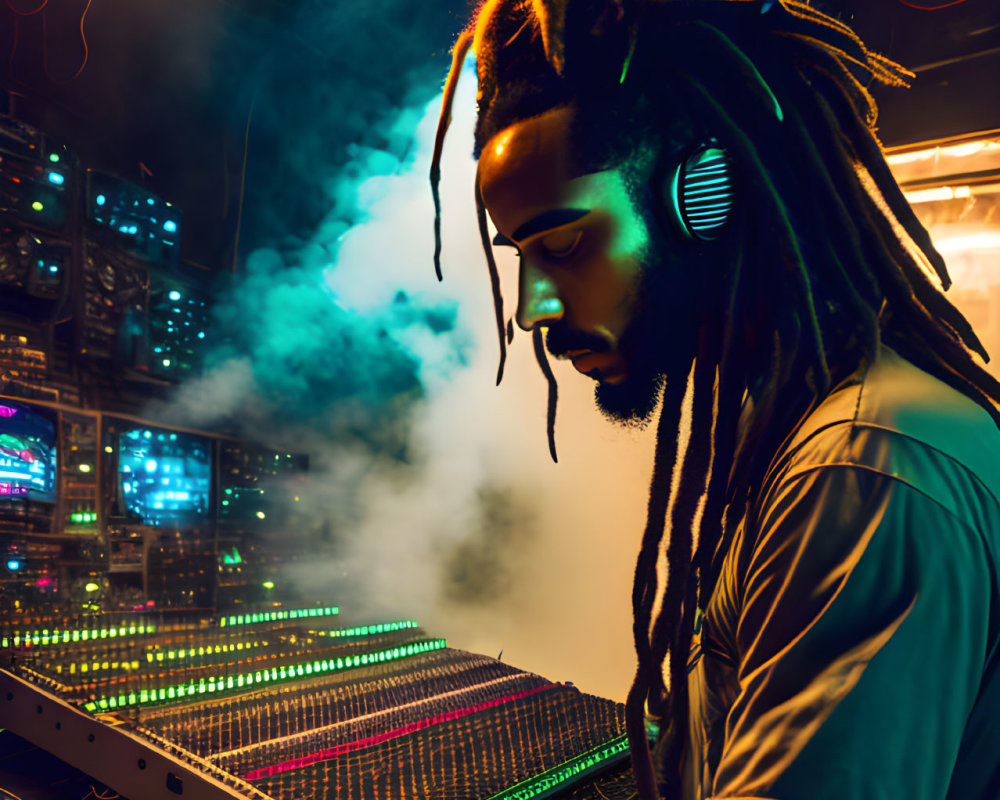 Dreadlocked DJ Mixing Tracks on Neon-Lit Soundboard