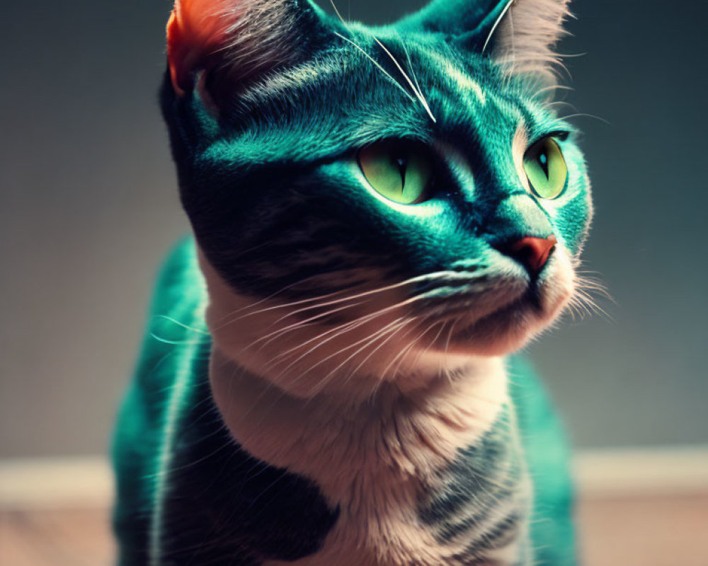 Green-eyed cat with striped fur in dramatic lighting against dark background