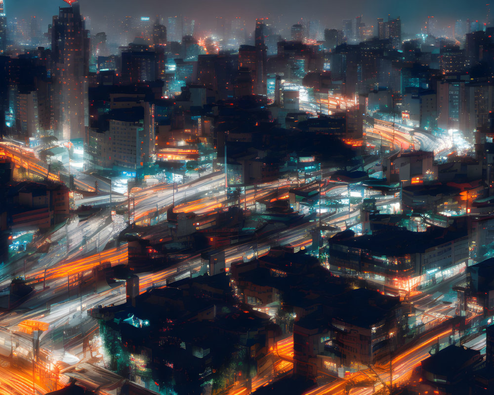 Glowing nighttime cityscape with traffic streaks and dense buildings