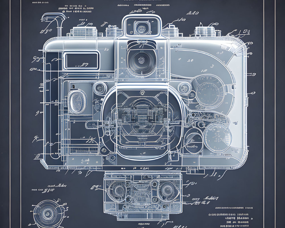 Detailed Blueprint Illustration of Vintage Camera with Annotations