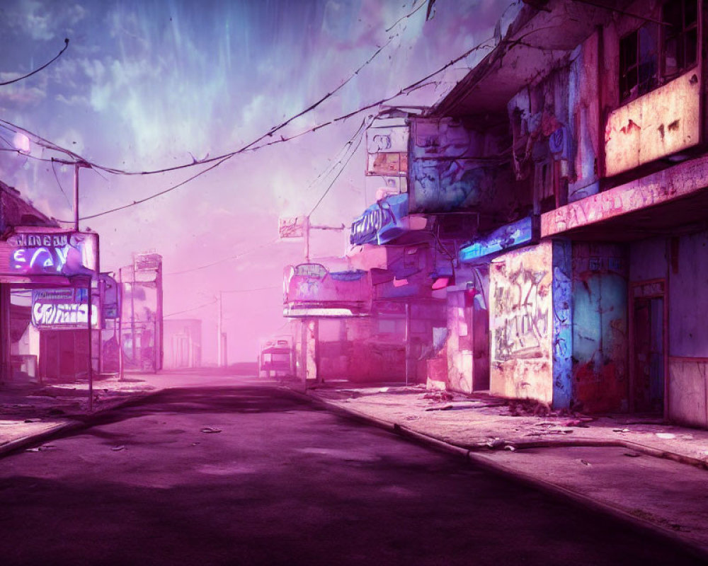 Desolate Street with Graffiti and Pink Sky at Dawn or Dusk