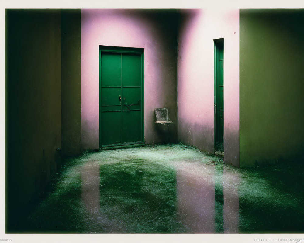 Green door, pink walls, abandoned chair in dimly lit corner