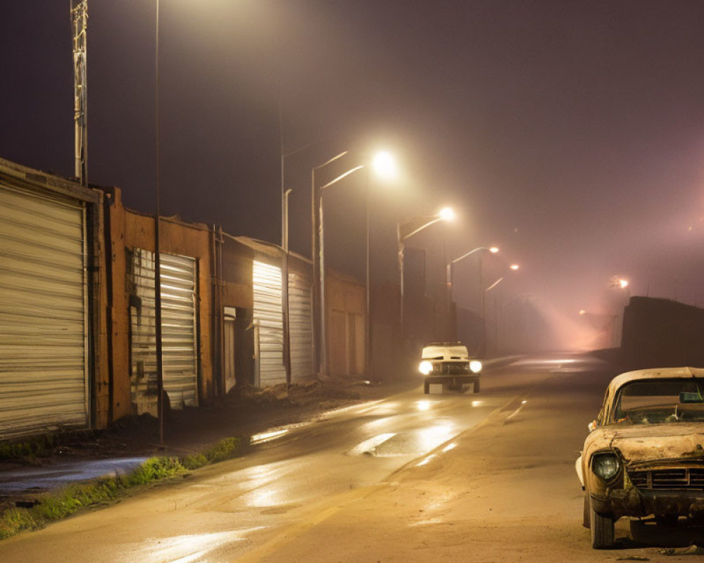 Misty Night Street Scene with Glowing Streetlights