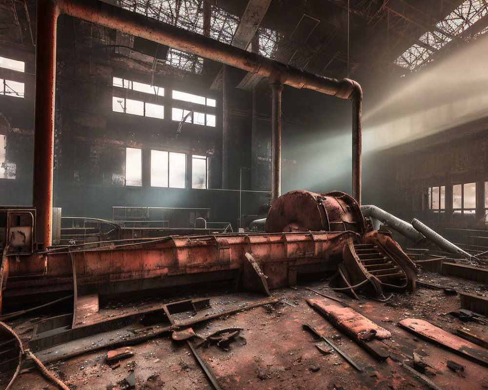 Rusty machinery and debris in abandoned industrial interior