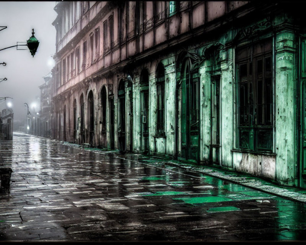 Desolate street scene with wet cobblestones and vintage storefronts