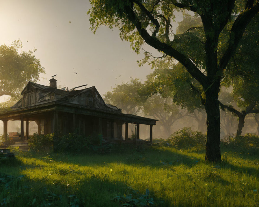 Abandoned house with porch in dense forest under warm sunlight