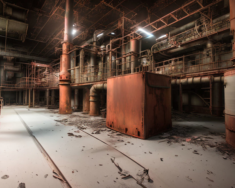 Abandoned industrial interior with rusting machinery and debris-covered floors