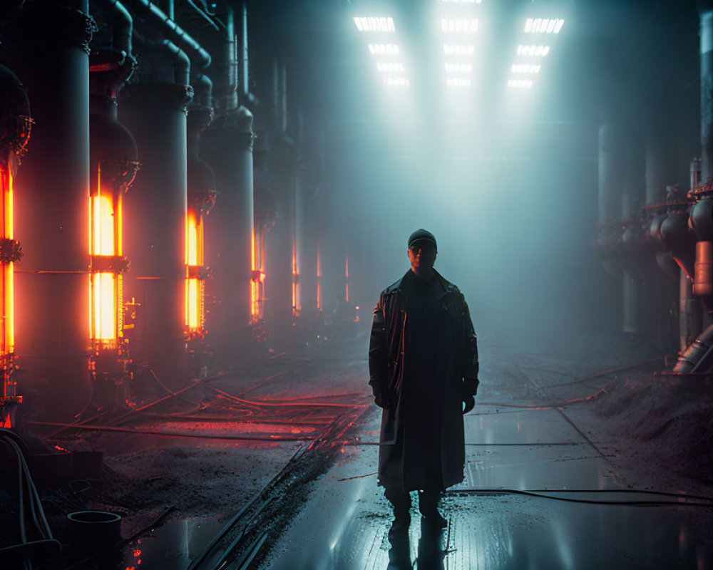 Person in coat in industrial area with glowing red lights and haze