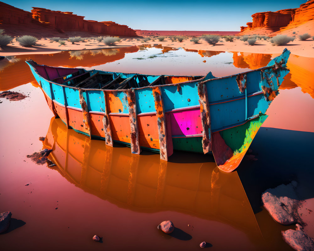 Abandoned multicolored boat in desert oasis with red sandy terrain