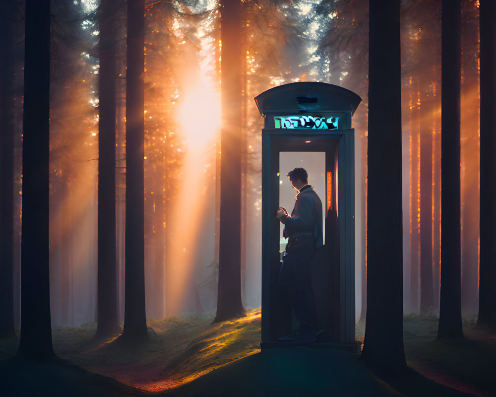 Man in suit in ornate phone booth in mystical forest at sunrise.