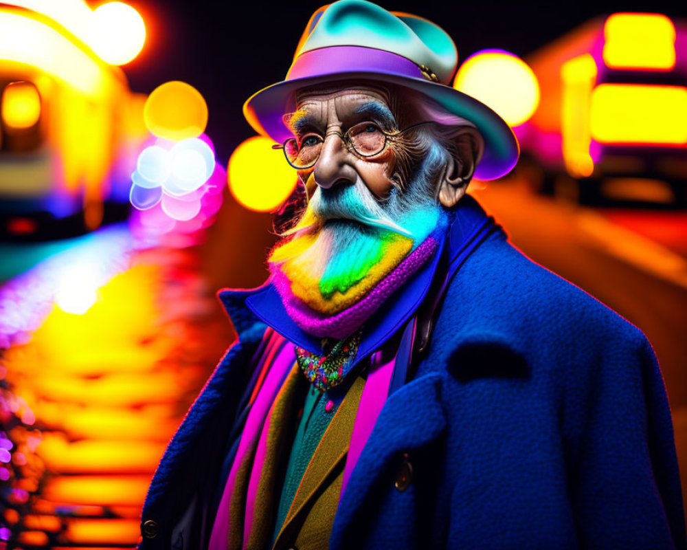 Elderly man in colorful attire on vibrant nighttime street