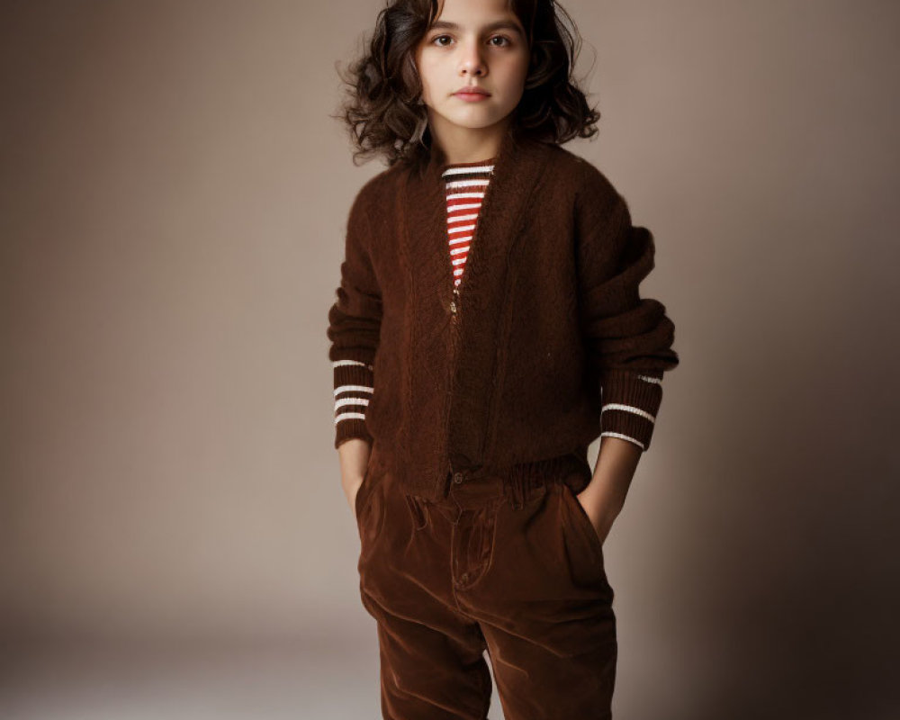 Curly-Haired Child in Brown Cardigan and Striped Shirt Against Neutral Background