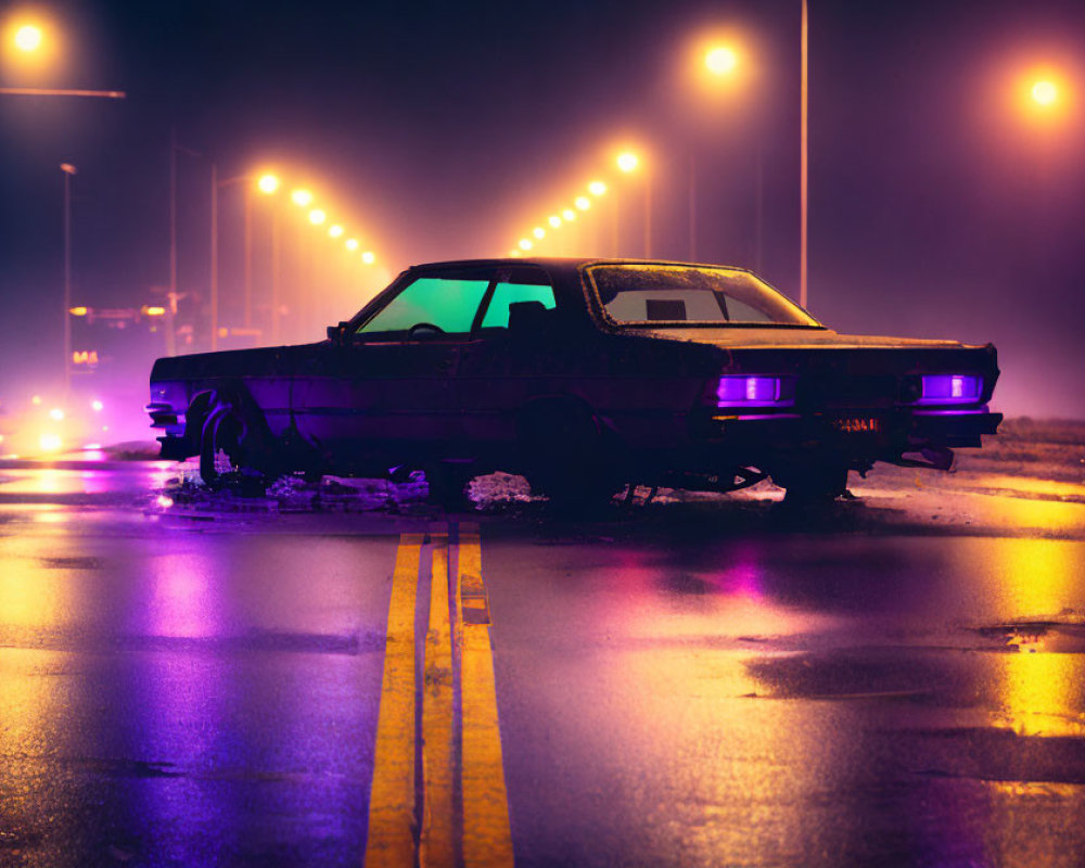 Abandoned car with broken parts on wet road at night under purple street lights