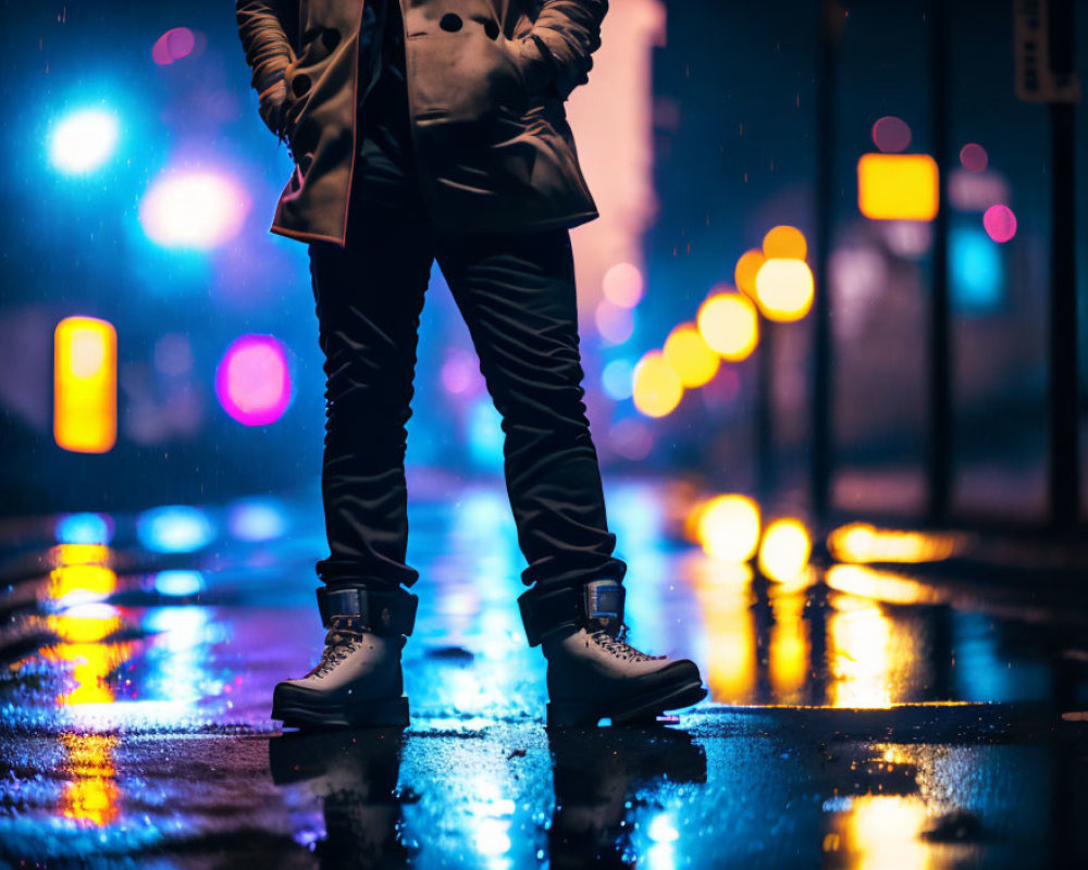 Figure standing on wet night street with blurred city lights.