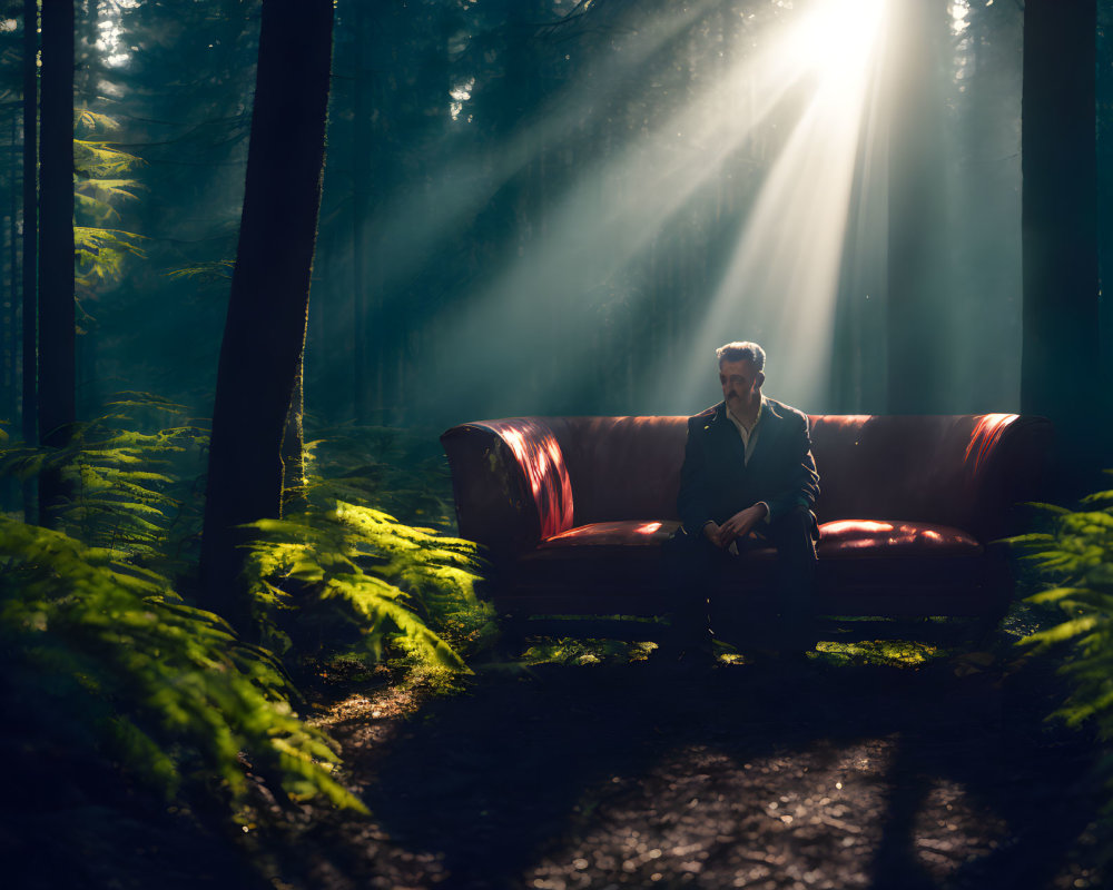 Person sitting on red couch in misty forest with sunbeams.