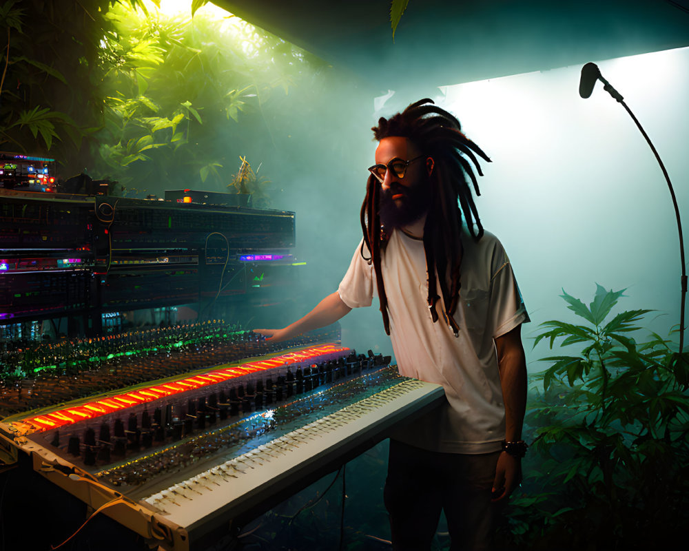 Person with dreadlocks at sound mixing console in ambient room.