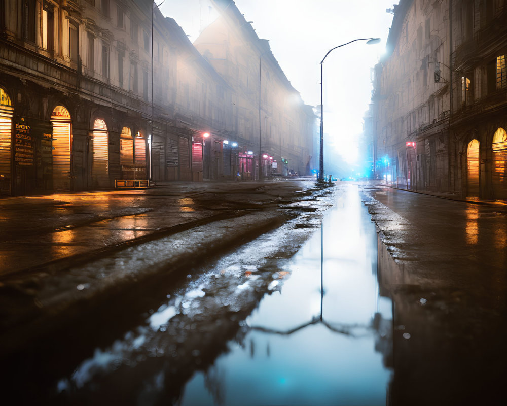 Twilight urban street with neon signs and reflections