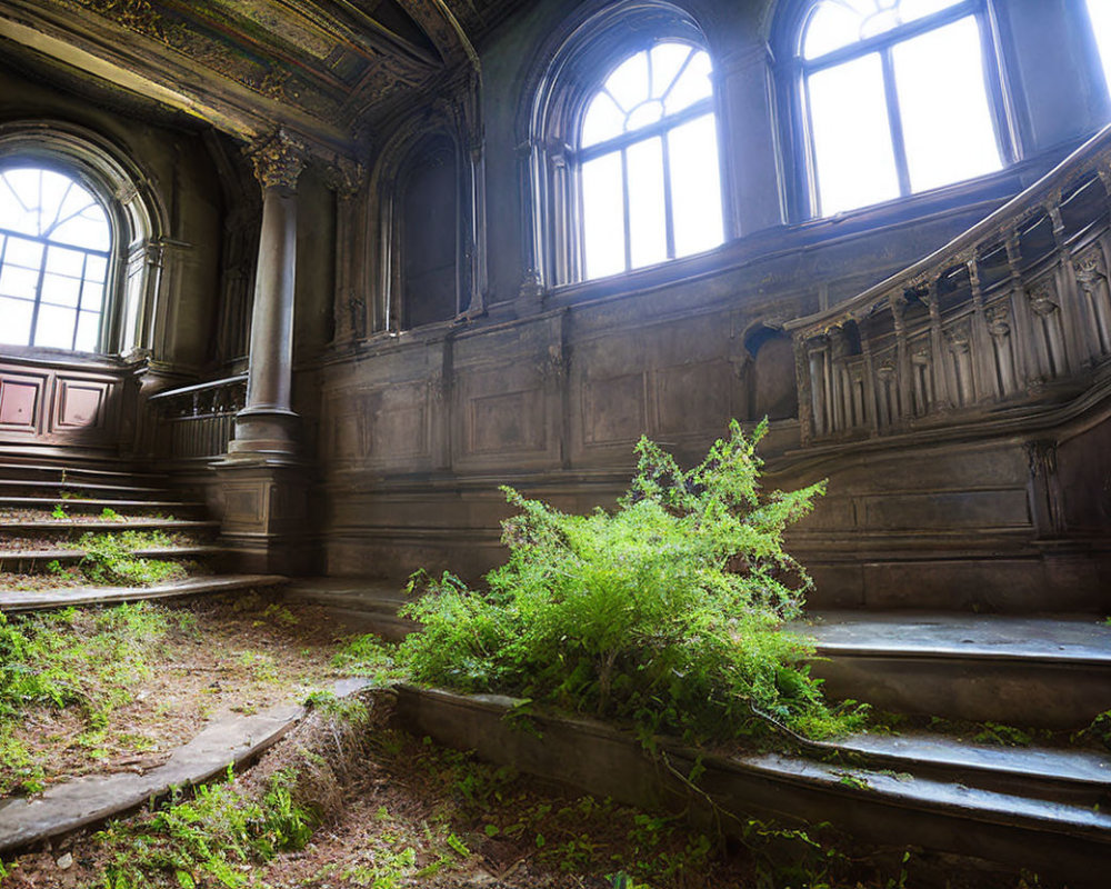 Abandoned interior overtaken by ferns and vines with sunbeams through arched windows