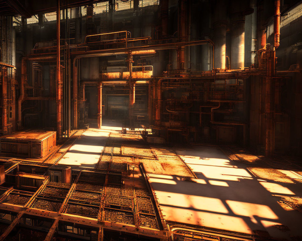 Deserted industrial space with tall columns and scattered crates in warm sunlight.