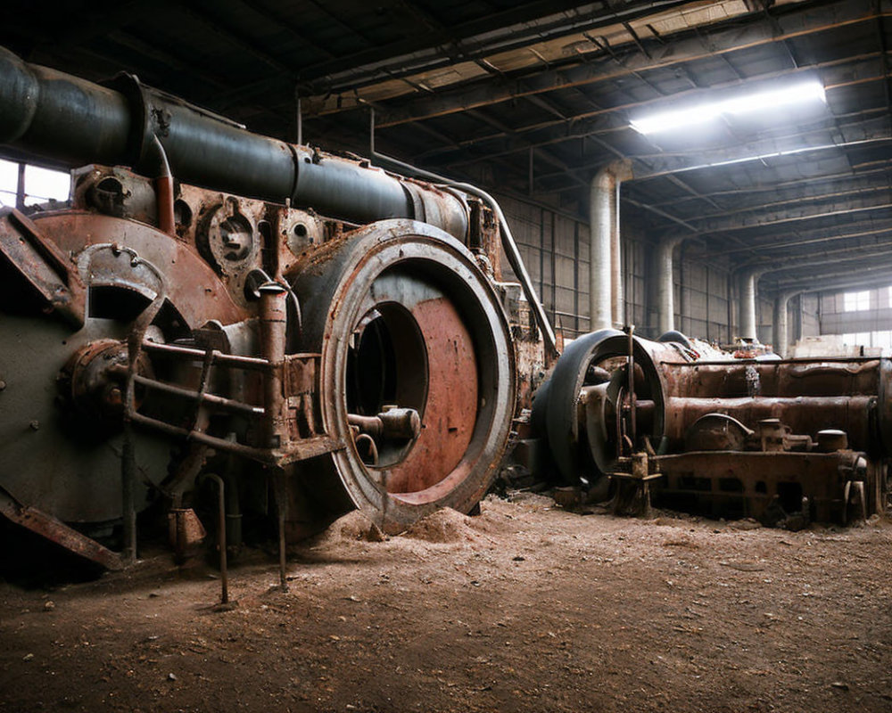 Abandoned industrial machine in old factory with large windows