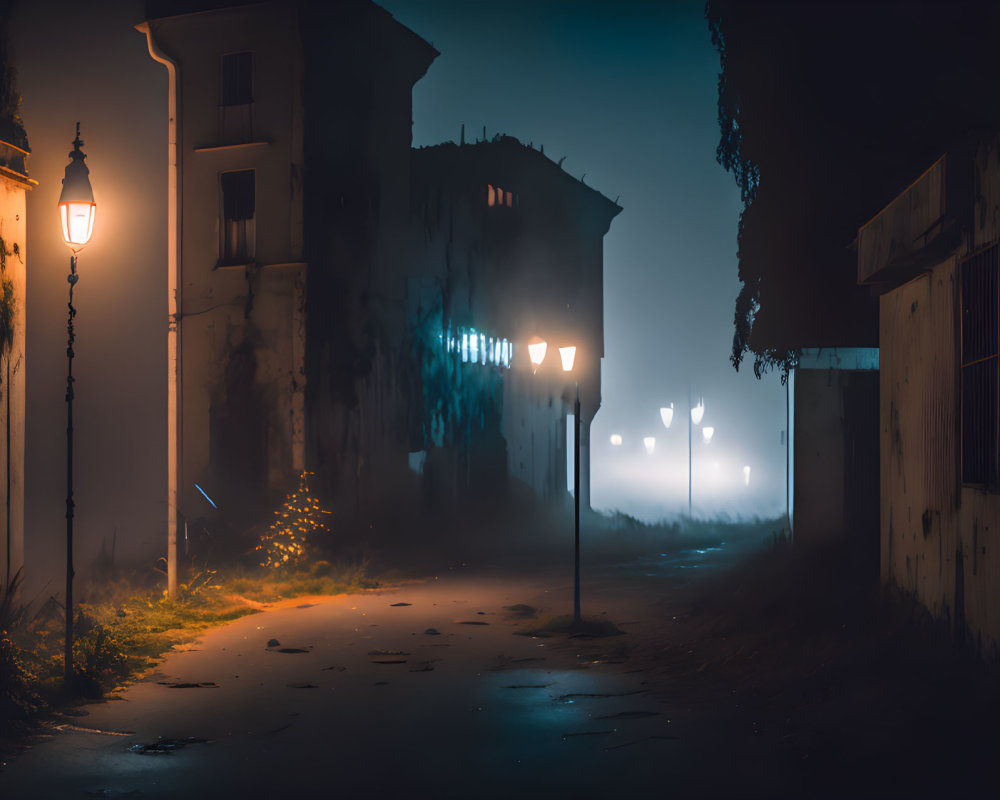 Misty nighttime street scene with illuminated lampposts and dark buildings