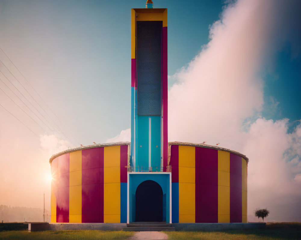 Colorful modern church with tall tower in dramatic sky and sunlit clouds.